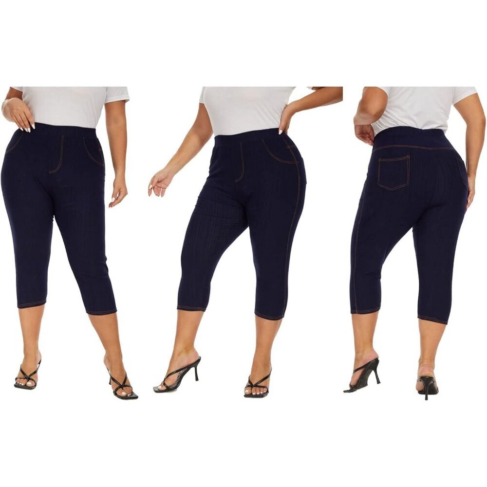 Plus Size Capri Jeggings Women High Waist Stretch Denim with Pockets - Picture 5 of 6